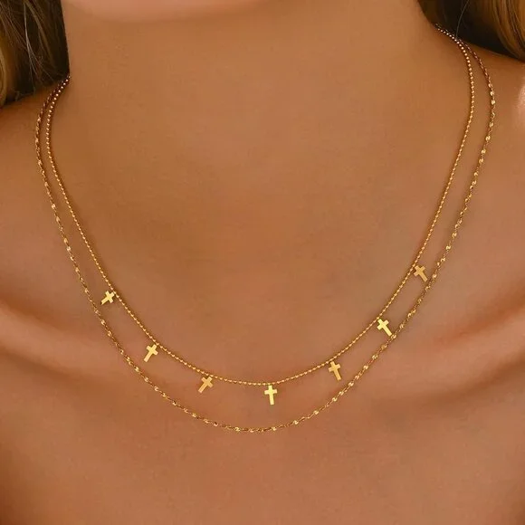 18K Gold Plated Star Cross Heart Charm Choker Necklace for Women Dainty Layered - Picture 2 of 8